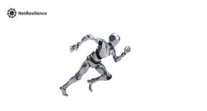 Juoksuaskelia ottava robotti ja NetResilience logo